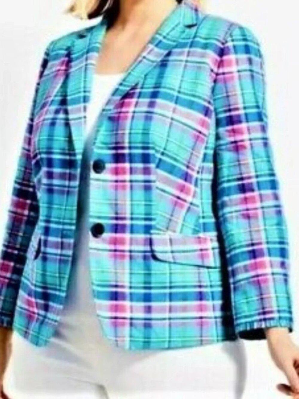 TALBOTS Plaid Linen Blend Madras Blazer Jacket 24W NWT Blue Pink Womens Plus